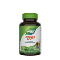 Nature's Way Ginger Root capsules bottle, promoting digestive comfort with 100 vegan capsules.