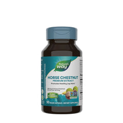 Nature's Way Horse Chestnut extract bottle, promotes healthy leg veins, 90 vegan capsules.