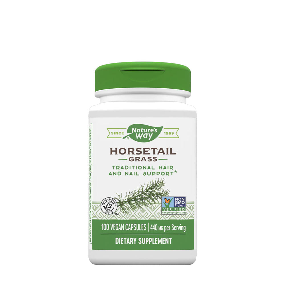 Nature's Way Horsetail Grass supplement bottle for hair and nail support, 100 vegan capsules.