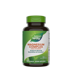 Nature's Way Magnesium Complex supplement bottle, supports muscle function and relaxation, 100 capsules.