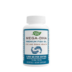 Nature's Way Mega-DHA fish oil supplement bottle for eye and brain health support.