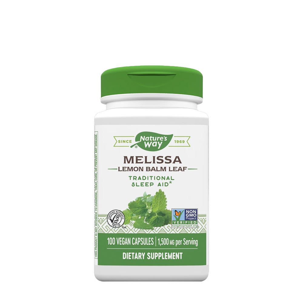 Nature's Way Melissa Lemon Balm Leaf capsules, a natural sleep aid in a bottle of 100 vegan capsules.