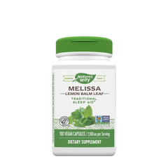Nature's Way Melissa Lemon Balm Leaf capsules, a natural sleep aid in a bottle of 100 vegan capsules.
