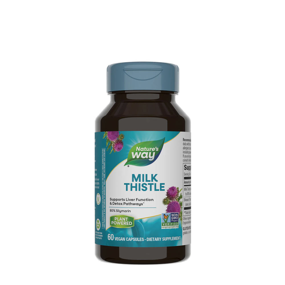 Nature's Way Milk Thistle supplement bottle, supports liver function and detox pathways, 60 vegan capsules.