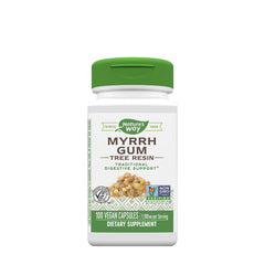 Nature's Way Myrrh Gum tree resin supplement in a white bottle with green cap, offering digestive support and 100 vegan capsules.