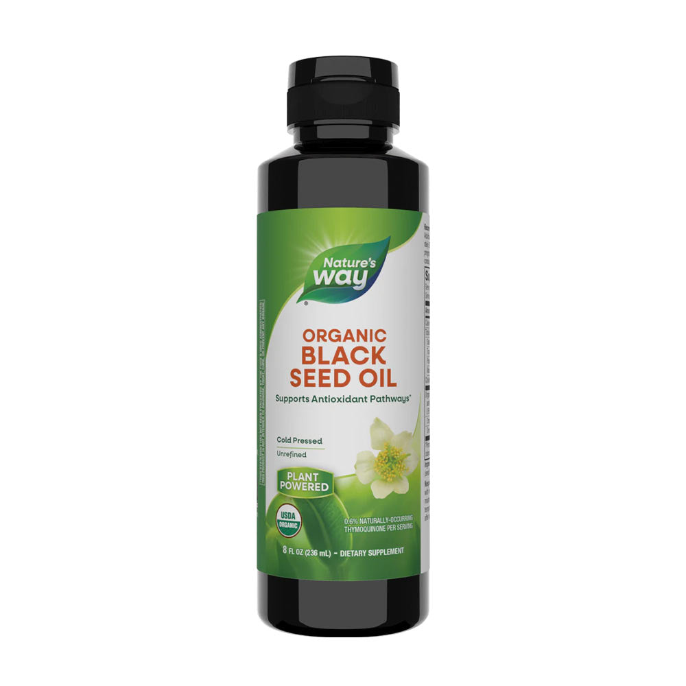 Nature's Way organic black seed oil bottle, supports antioxidant pathways, cold pressed.