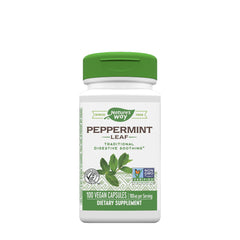 Nature's Way Peppermint Leaf dietary supplement bottle for digestive health, 100 vegan capsules.