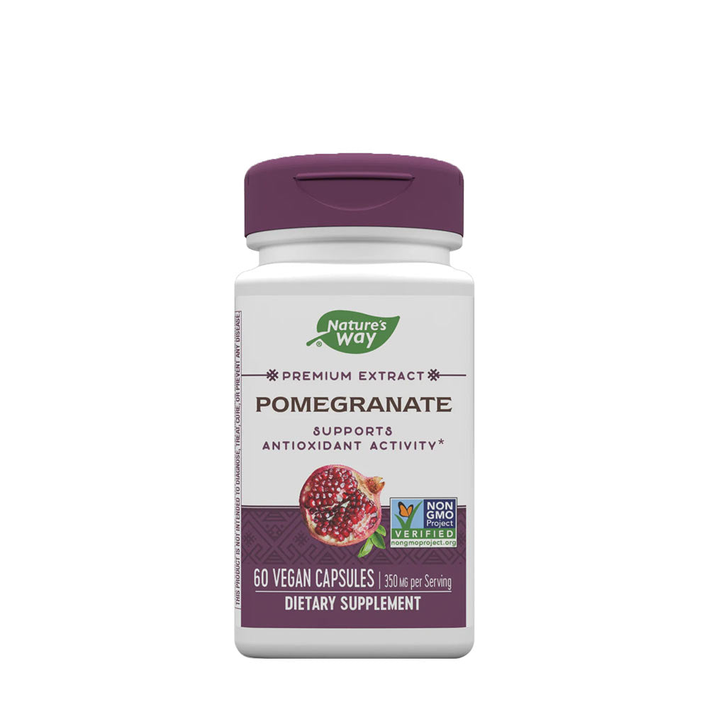 Nature's Way Pomegranate supplement bottle with 60 vegan capsules supporting antioxidant activity.
