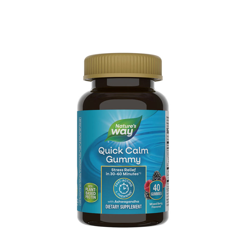 Nature's Way Quick Calm Gummy bottle with 40 gummies for stress relief in 30-60 minutes.