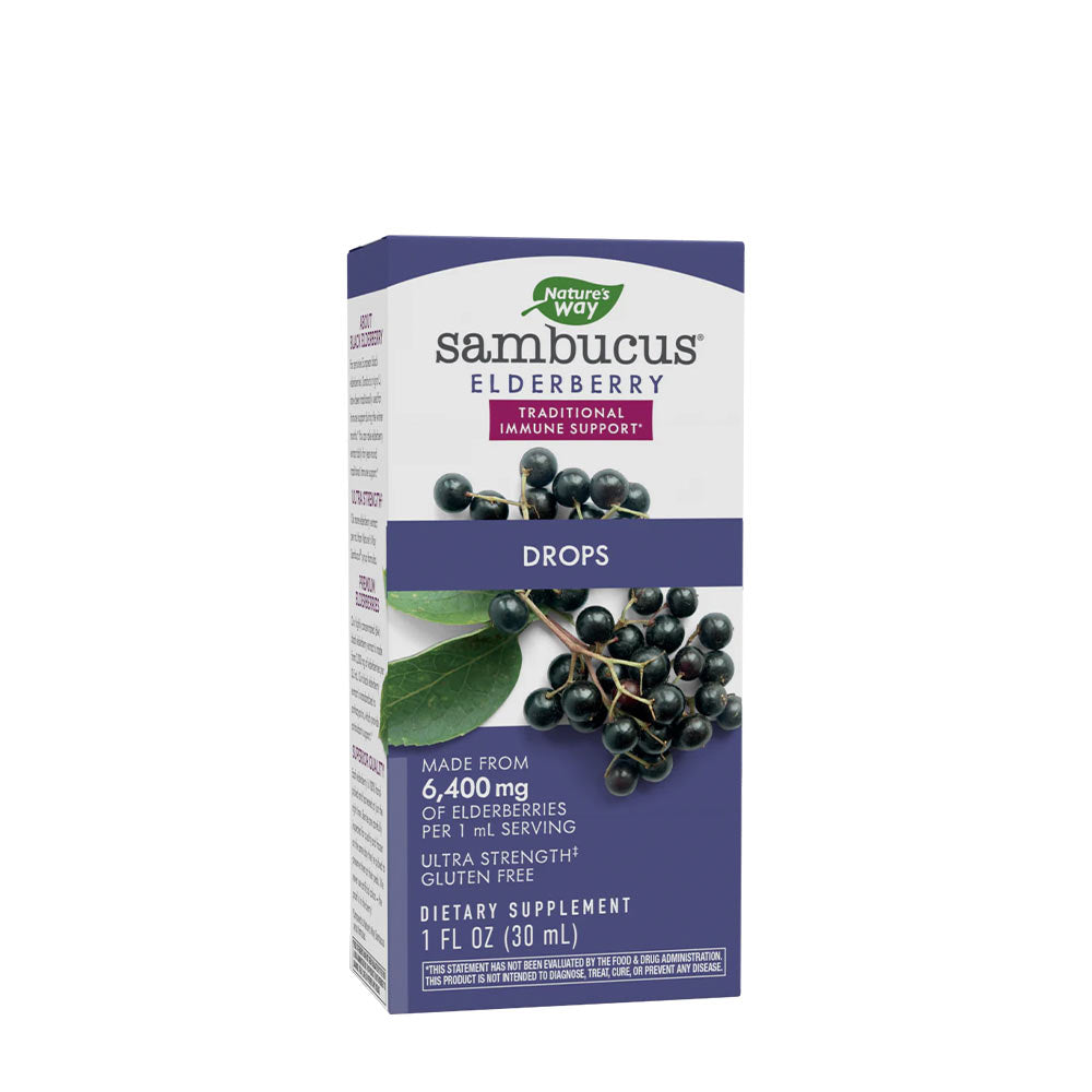 Nature's Way Sambucus Drops box, featuring elderberry extract for immune support, 1 fl oz, gluten-free dietary supplement.