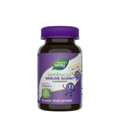 Nature's Way Sambucus Kids Immune Gummies bottle with elderberry, zinc, and vitamin C for immune support.