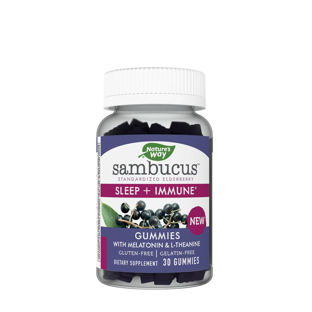 Nature's Way Sambucus Sleep + Immune Gummies bottle with natural ingredients for sleep support and immune health.