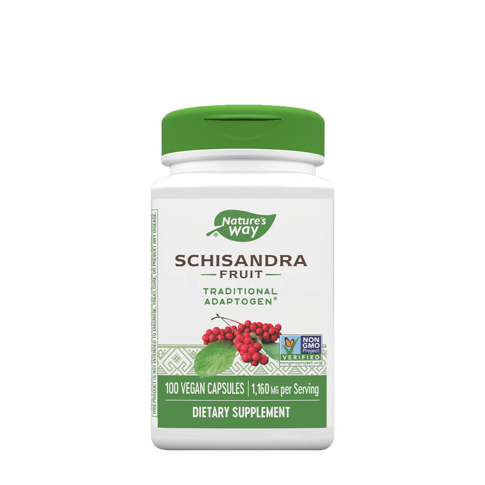 Nature's Way Schisandra Fruit supplement bottle, 100 vegan capsules for adaptogenic support.