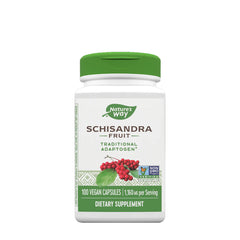 Nature's Way Schisandra Fruit supplement bottle, 100 vegan capsules for adaptogenic support.