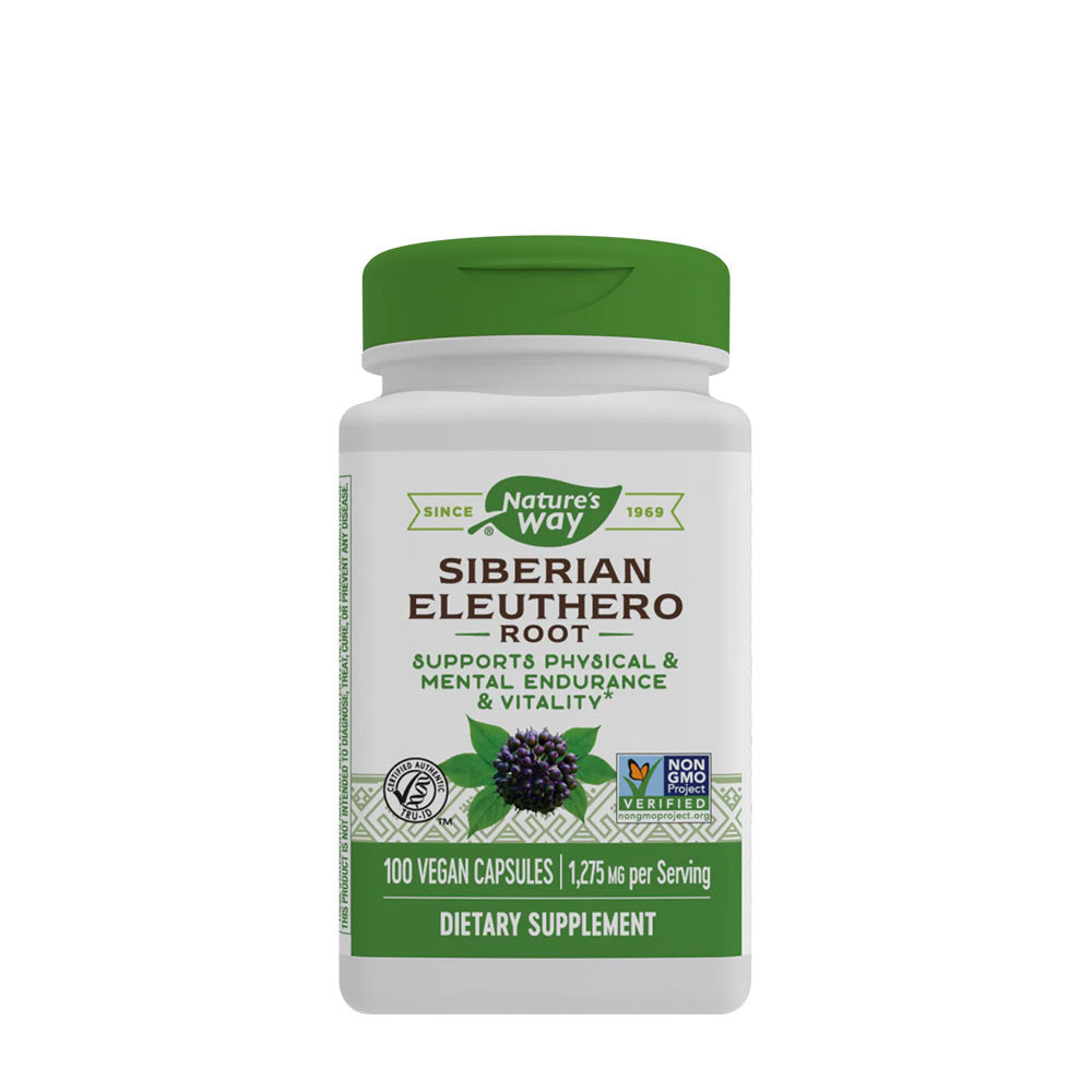 Nature's Way Siberian Eleuthero root supplement in vegan capsules for endurance and vitality.