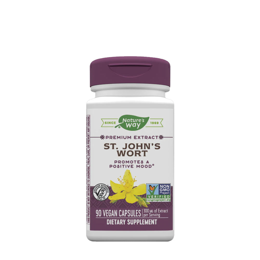Nature's Way St. John's Wort Premium Extract bottle, promoting positive mood with 90 vegan capsules.