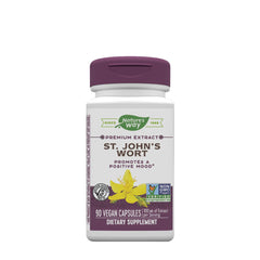 Nature's Way St. John's Wort Premium Extract bottle, promoting positive mood with 90 vegan capsules.