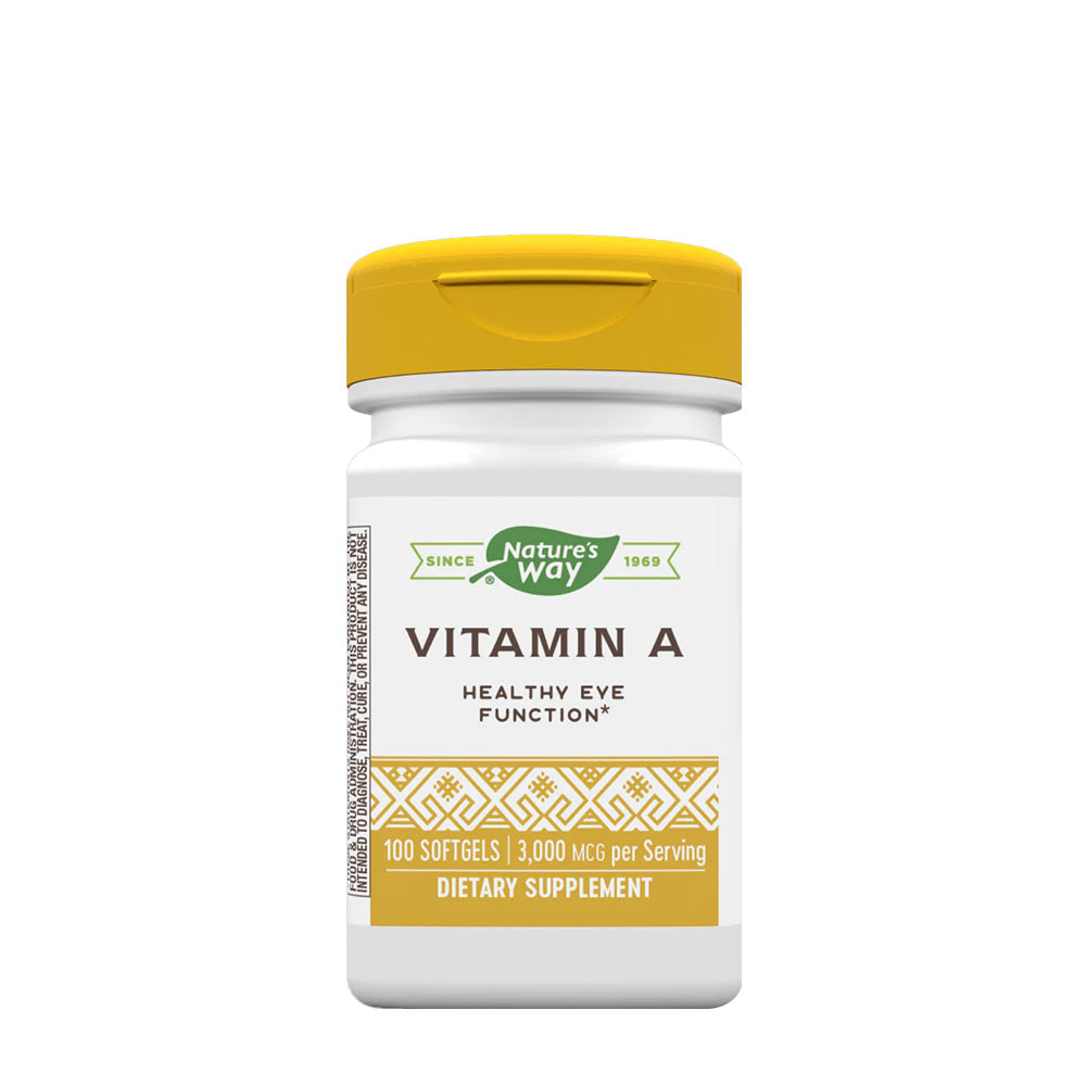 Nature's Way Vitamin A dietary supplement bottle for healthy eye function, 100 softgels.