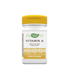 Nature's Way Vitamin A dietary supplement bottle for healthy eye function, 100 softgels.