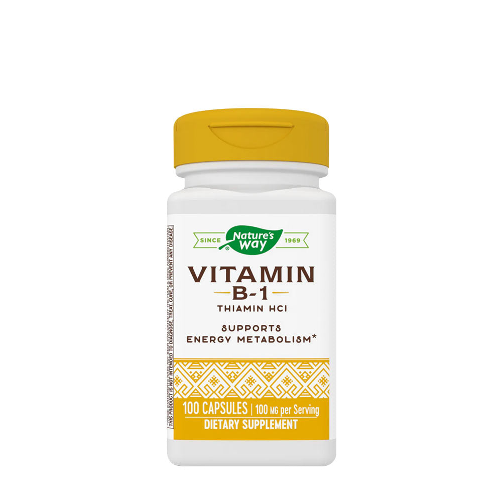 Nature's Way Vitamin B1 supplement bottle, 100 capsules for energy metabolism support.