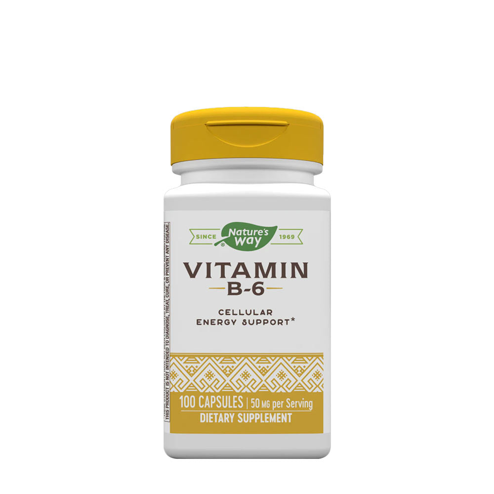 Nature's Way Vitamin B6 supplement bottle, 100 capsules for cellular energy support and immune health.