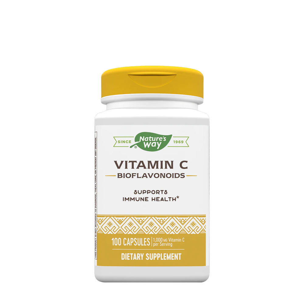 Nature's Way Vitamin C with Bioflavonoids supplement bottle, 100 capsules for immune health support.