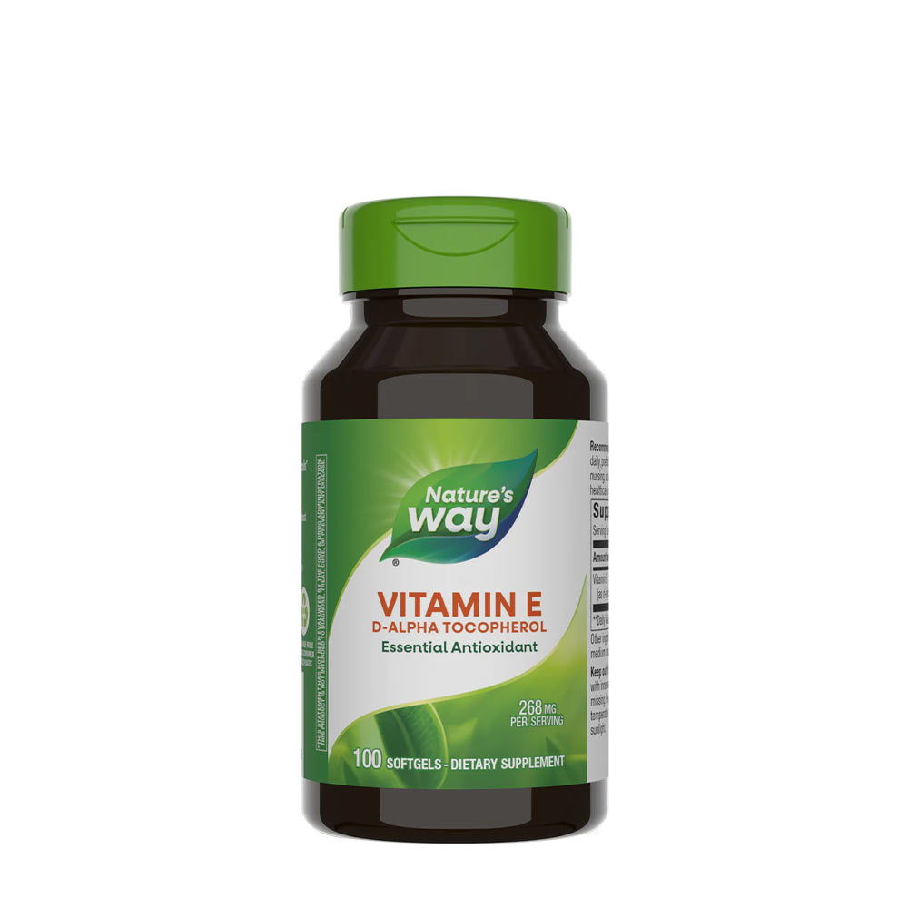 Nature's Way Vitamin E D-Alpha Tocopherol 100 softgels, essential antioxidant for heart and skin health.