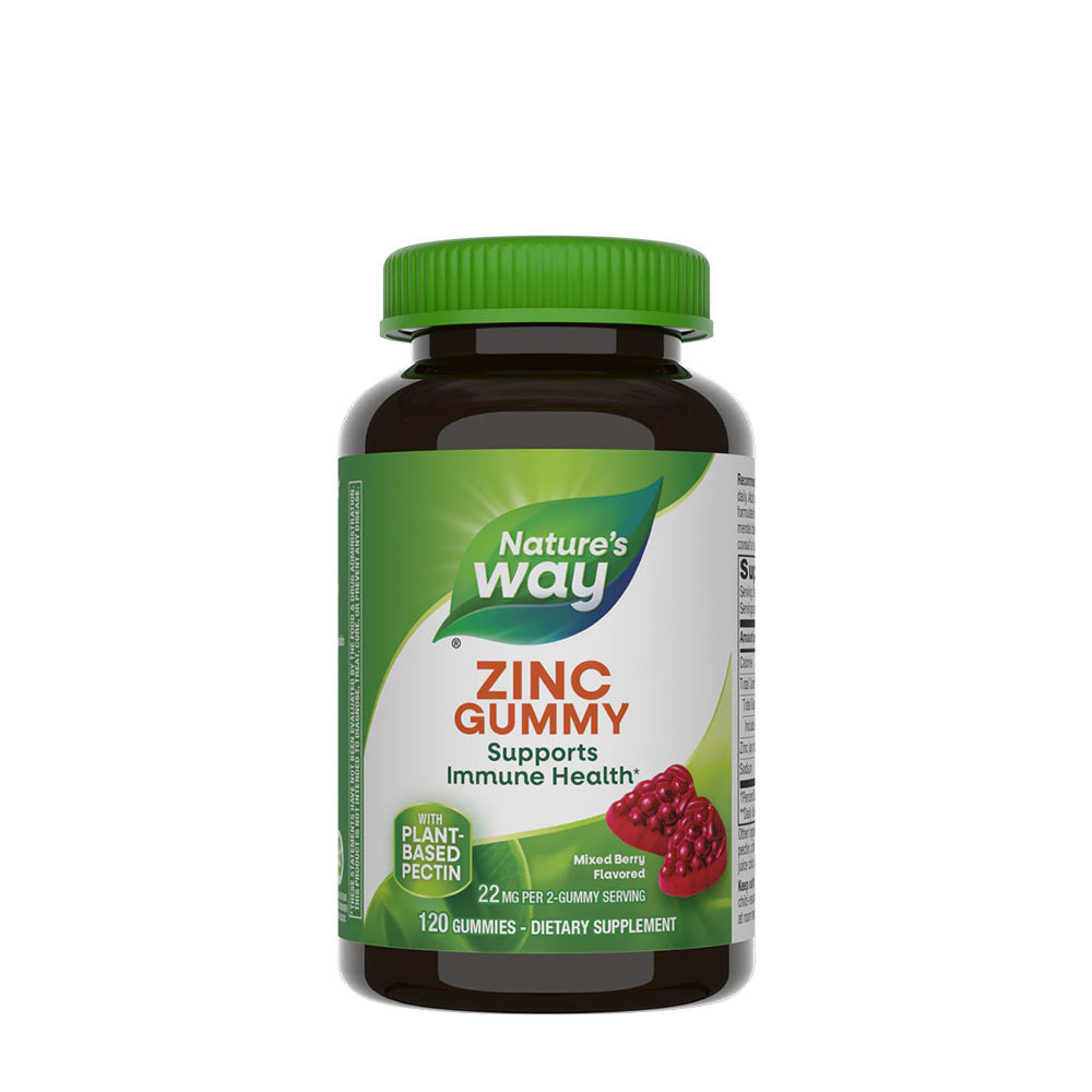Nature's Way Zinc Gummies bottle for immune support, featuring mixed berry flavor and 120 gummies.