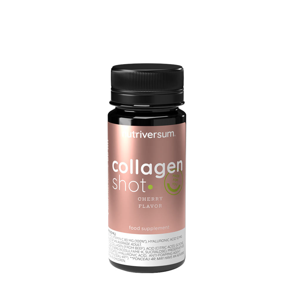 Nutriversum Collagen Shot in cherry flavor, a food supplement for skin elasticity and recovery.