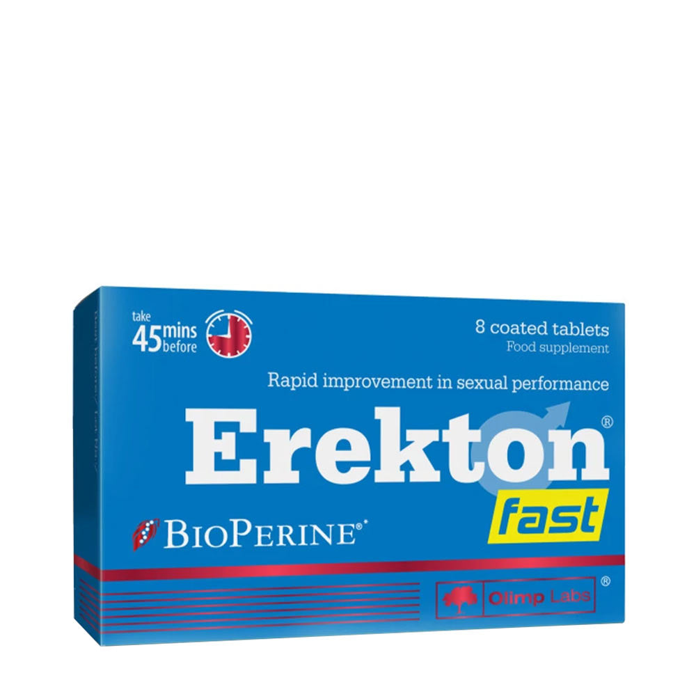 Olimp Erekton Fast package promoting rapid improvement in sexual performance with 8 coated tablets.