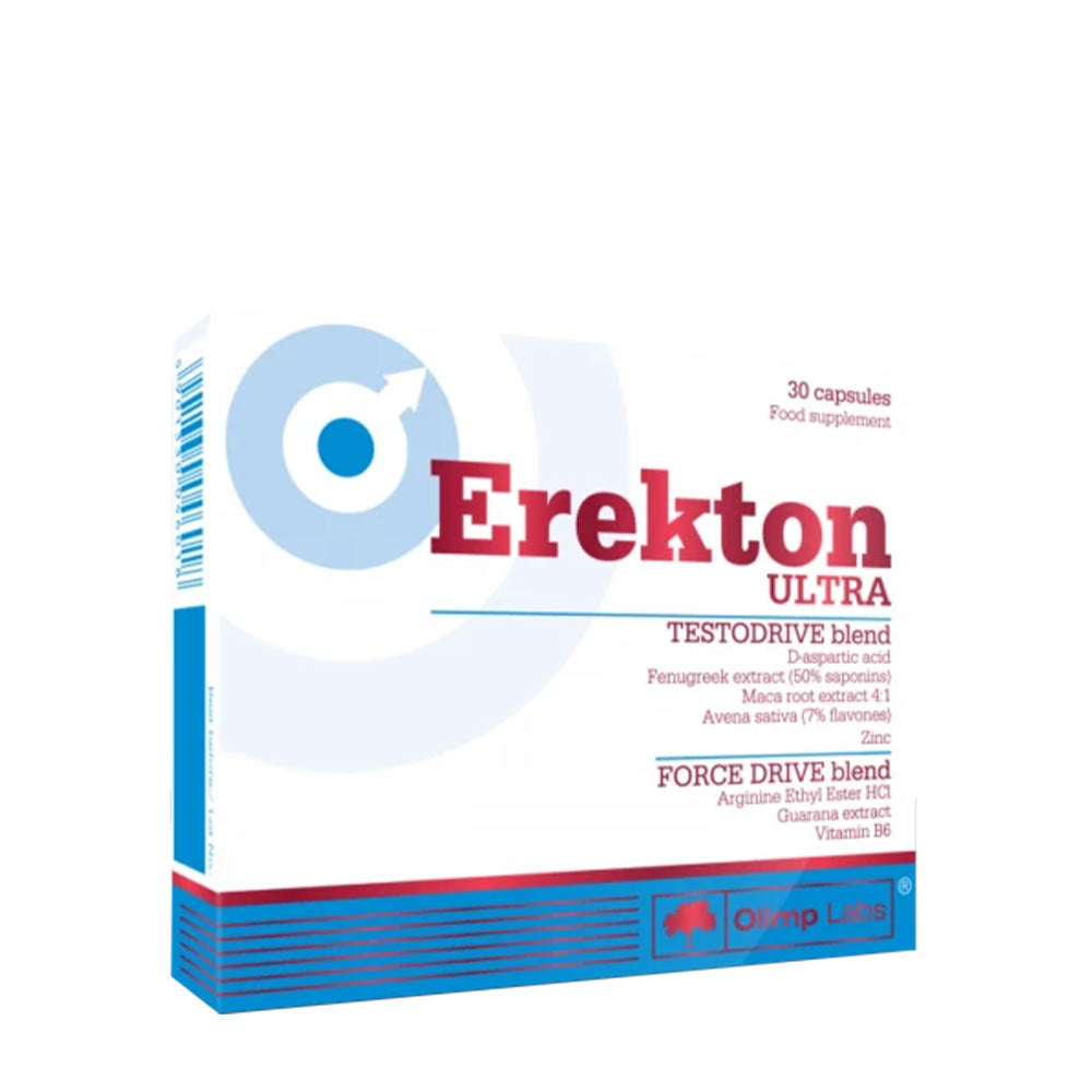 Olimp Erekton Ultra dietary supplement box with 30 capsules, promoting vitality and performance.