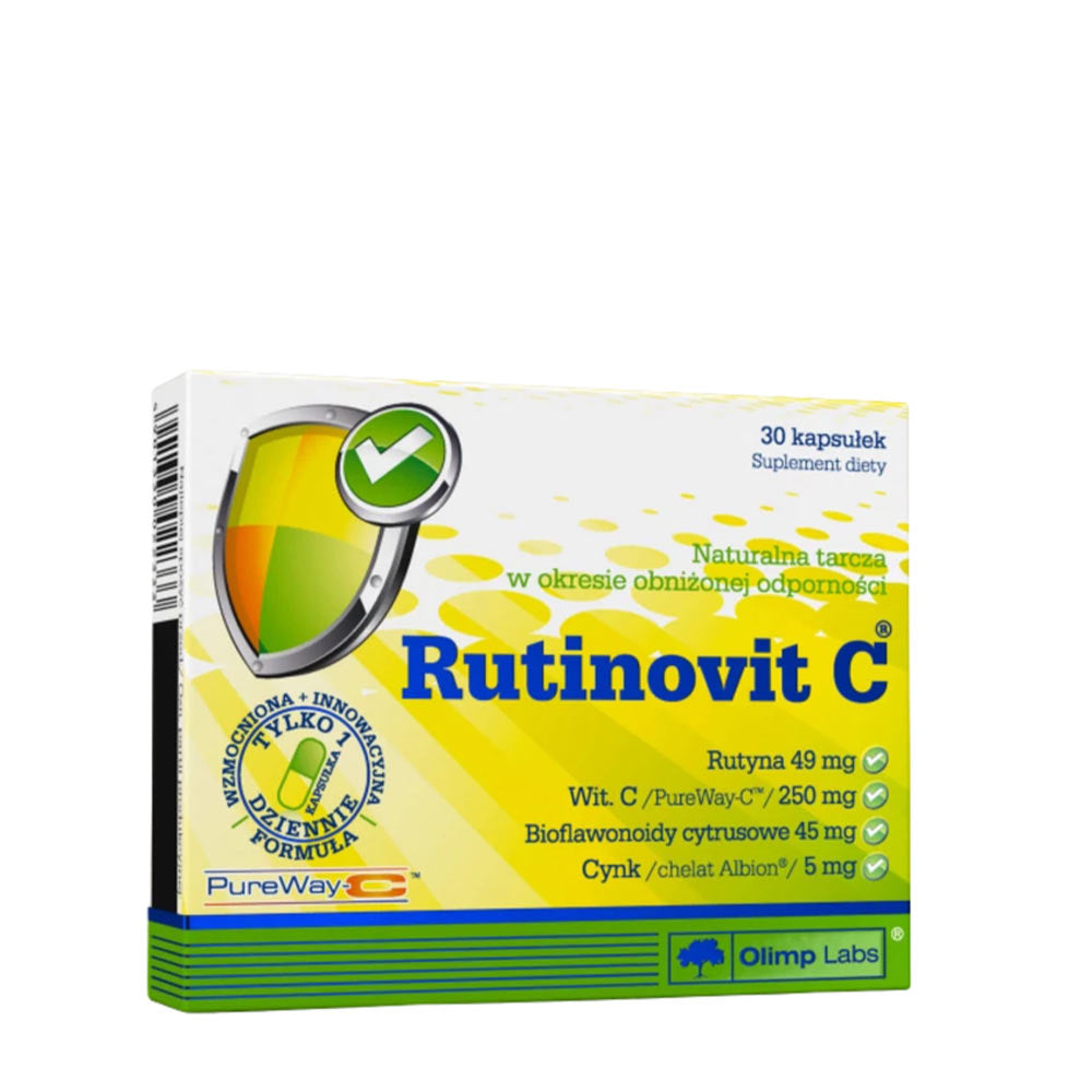 Olimp Rutinovit C supplement box featuring vitamin C, rutin, and zinc ingredients for immune support.