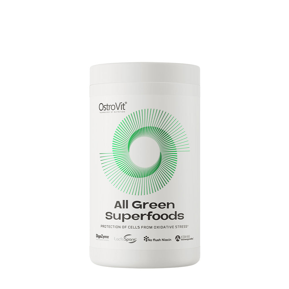 OstroVit All Green Superfoods container showing plant-based dietary supplement for immune support.