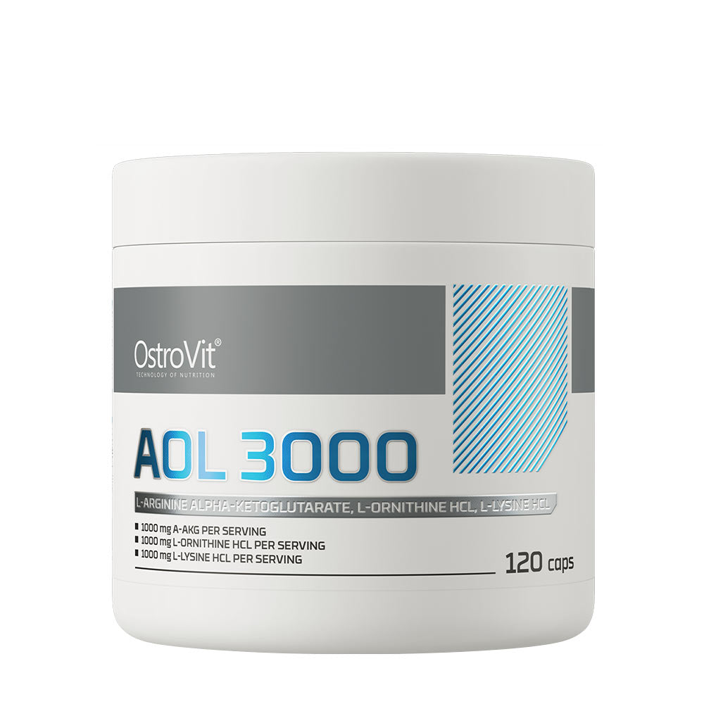 OstroVit AOL 3000 MG supplement container with L-arginine, L-ornithine, and L-lysine, 120 capsules.