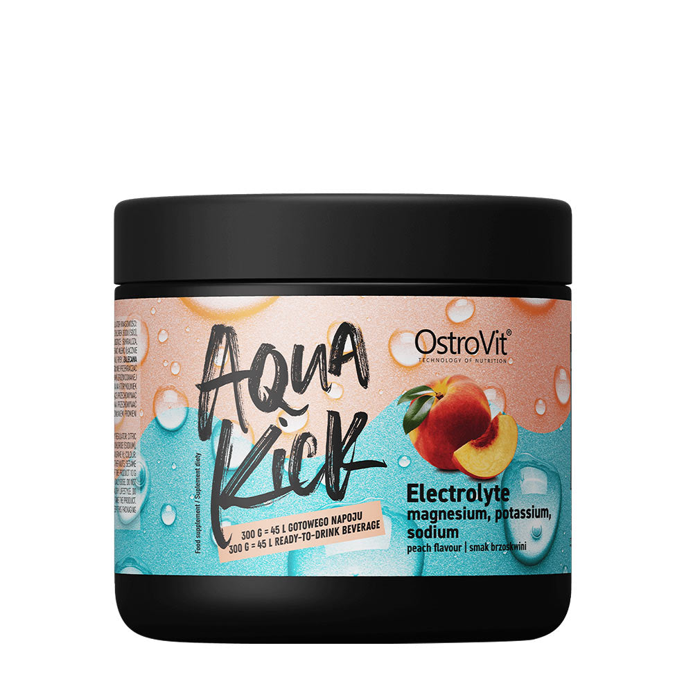 OstroVit Aqua Kick Electrolyte powder, peach flavor, with magnesium, potassium, and sodium for hydration.