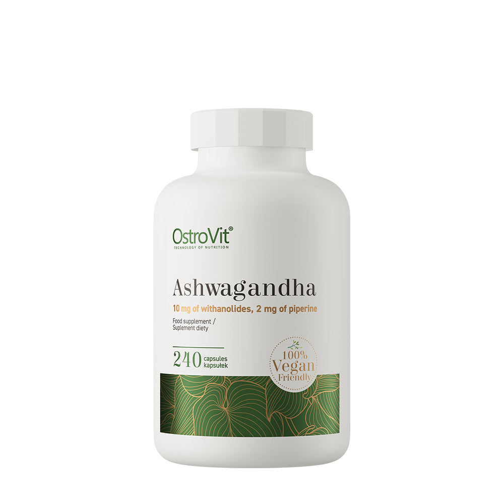 OstroVit Ashwagandha VEGE supplement bottle with 240 vegan capsules featuring ashwagandha and piperine.