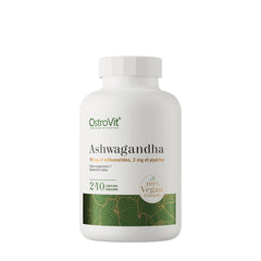 OstroVit Ashwagandha VEGE supplement bottle with 240 vegan capsules featuring ashwagandha and piperine.