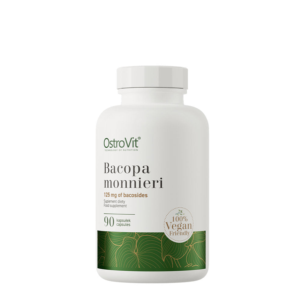 OstroVit Bacopa Monnieri supplement bottle with 90 vegan capsules containing 125 mg bacosides.