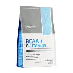 OstroVit BCAA + Glutamine supplement packaging, 1000g, featuring natural flavor and high amino acid content.