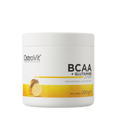 OstroVit BCAA + Glutamine lemon flavored dietary supplement, 200g container.
