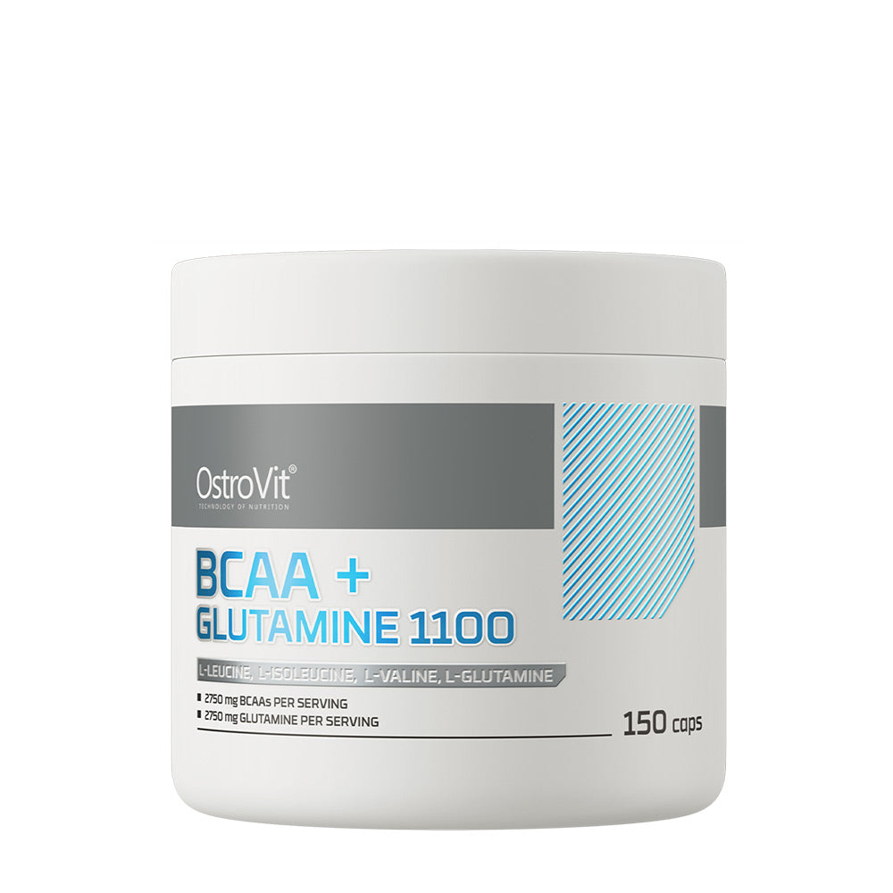 OstroVit BCAA + Glutamine 1100 mg supplement container with 150 caps, featuring essential amino acids.