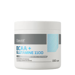 OstroVit BCAA + Glutamine 1100 mg supplement container with 150 caps, featuring essential amino acids.