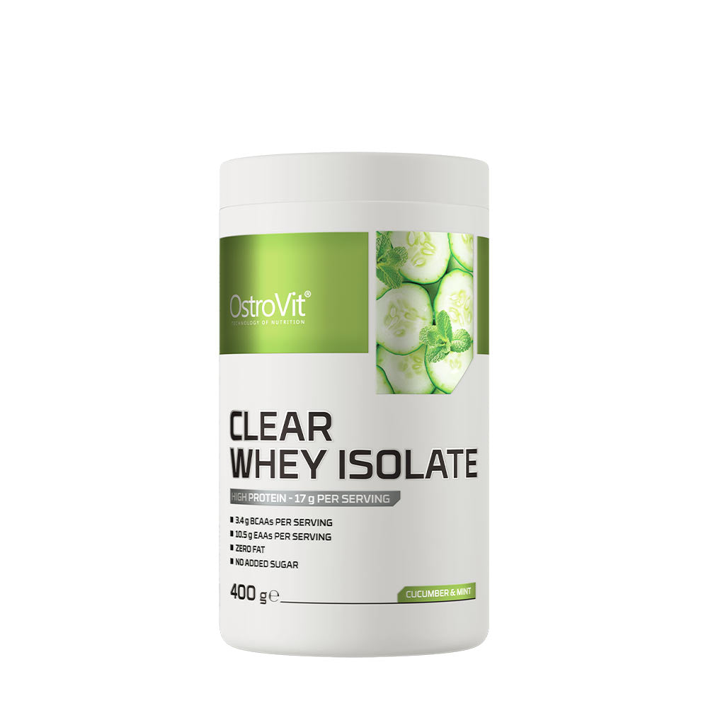 OstroVit Clear Whey Isolate protein powder with cucumber and mint flavor, 400g container, high-quality protein source.