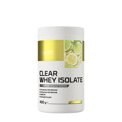 OstroVit Clear Whey Isolate protein powder container with lemon flavor, 400g, high-quality protein, sugar-free.