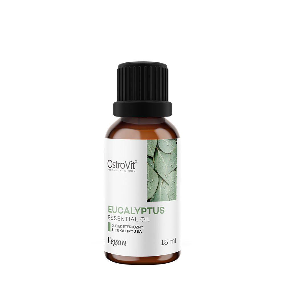 OstroVit Eucalyptus Essential Oil bottle 15 ml, vegan-friendly and versatile health benefits.