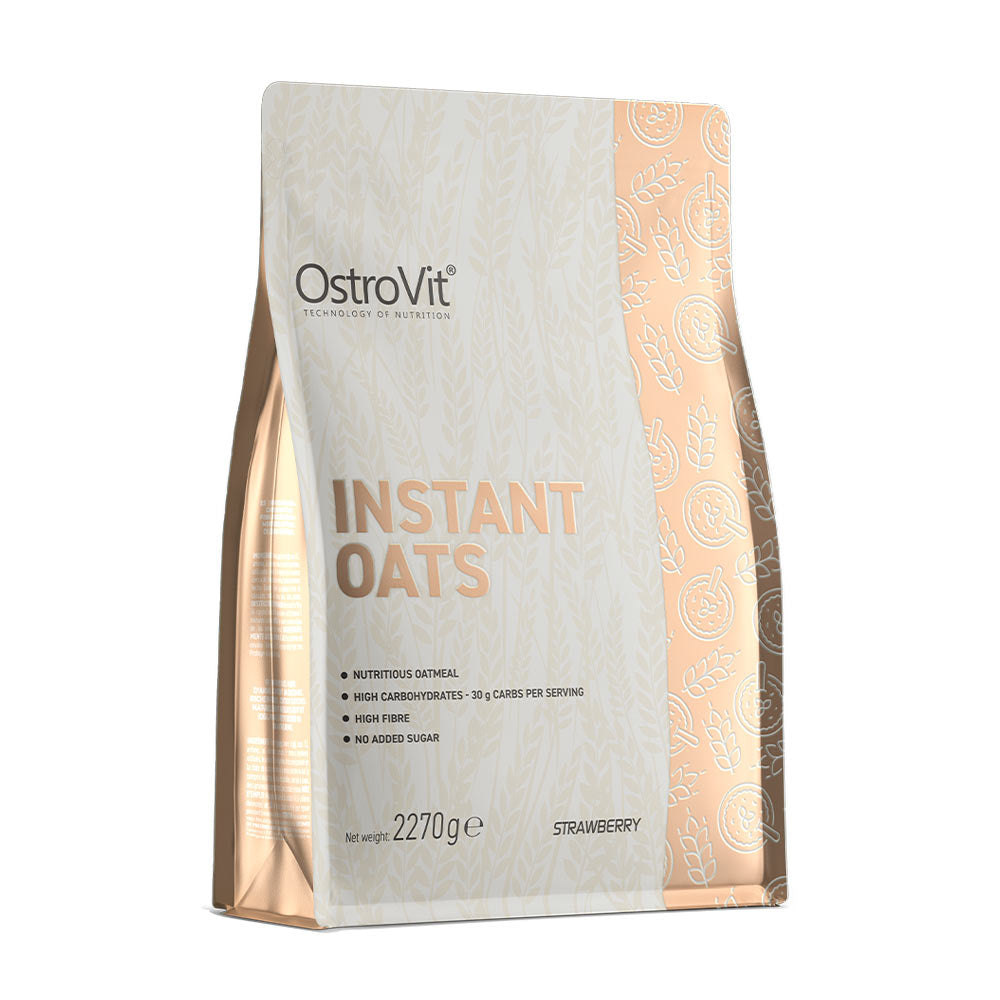 OstroVit Instant Oats package featuring strawberry flavor, nutritious oatmeal with high carbohydrates and no added sugar.
