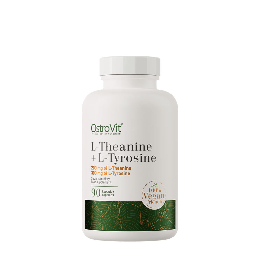 OstroVit L-Theanine + L-Tyrosine vegan supplement bottle with 200mg L-Theanine and 300mg L-Tyrosine in 90 capsules.