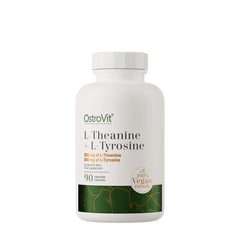 OstroVit L-Theanine + L-Tyrosine vegan supplement bottle with 200mg L-Theanine and 300mg L-Tyrosine in 90 capsules.