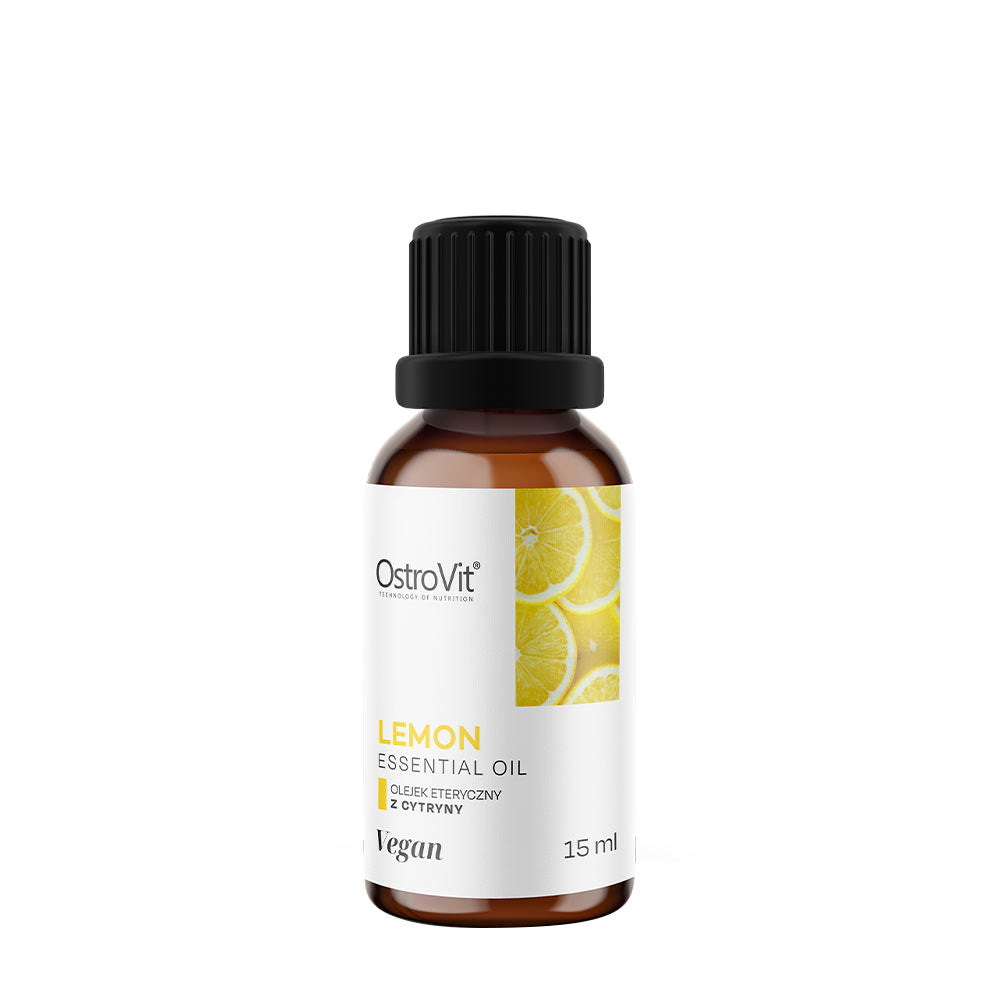 OstroVit Lemon Essential Oil, 15 ml bottle, vegan formula, high-quality lemon oil source.