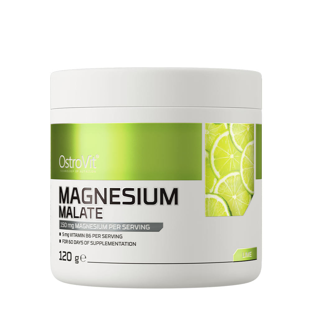 OstroVit Magnesium Malate supplement in lime flavor, 120g container, rich in magnesium and vitamin B6.
